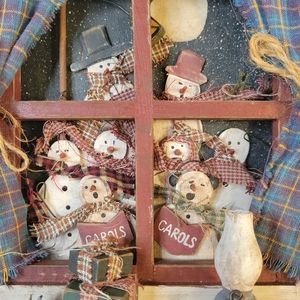 Snowman Family Singing Christmas Carols Outside Window Detailed Wooden